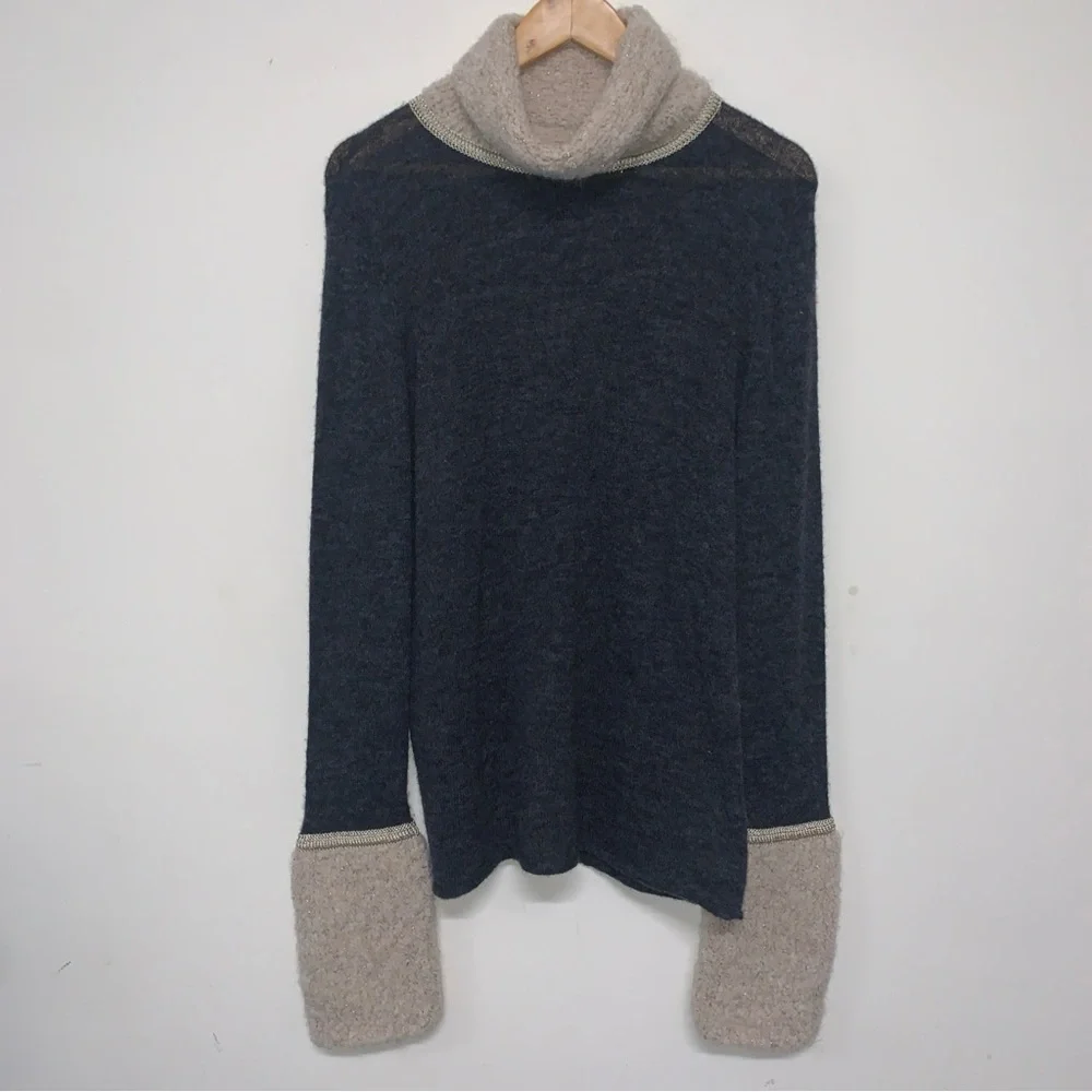 TORY BURCH Gray and Cream Angelina Turtleneck Alpaca Sweater Women’s Size XL - Picture 2 of 13